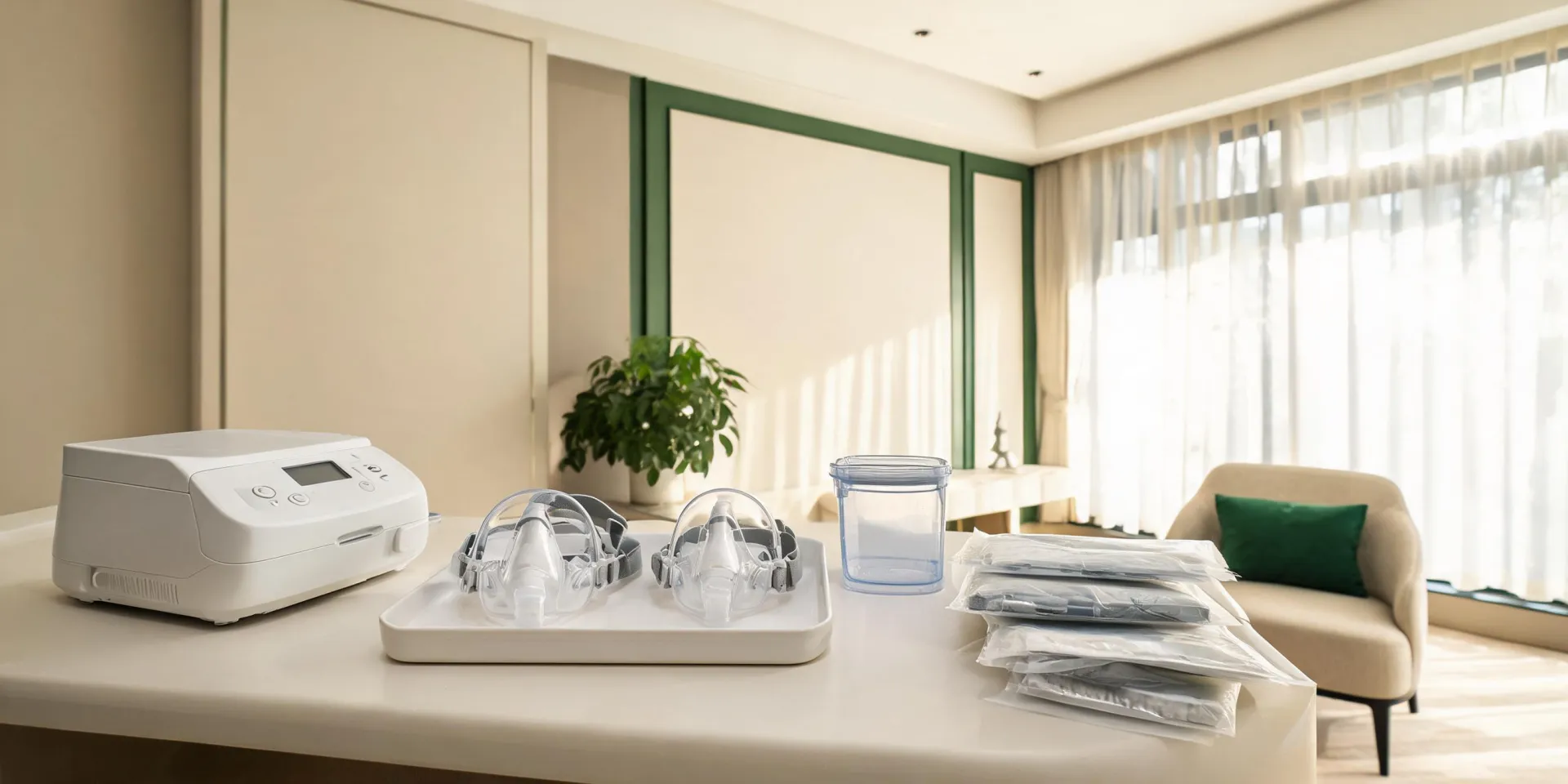 Calm home-care sleep therapy setup with CPAP interface staging